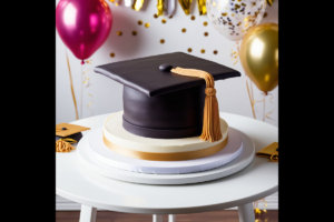  A round cake shaped like a black graduation cap with a gold tassel, displayed on a white table with balloons in the background.