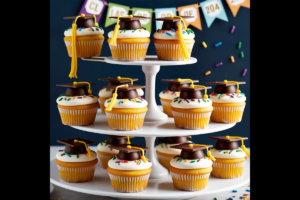 A tiered display of graduation-themed cupcakes topped with fondant caps and colorful sprinkles.