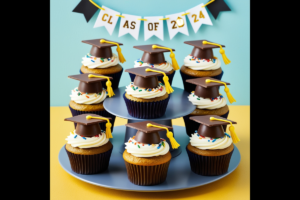 Graduation cupcakes with chocolate caps and yellow tassels, displayed in front of a "Class of 2024" banner.