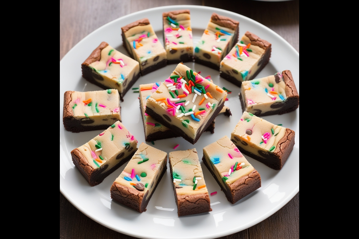 A plate of sliced cookie dough brownies with sprinkles.