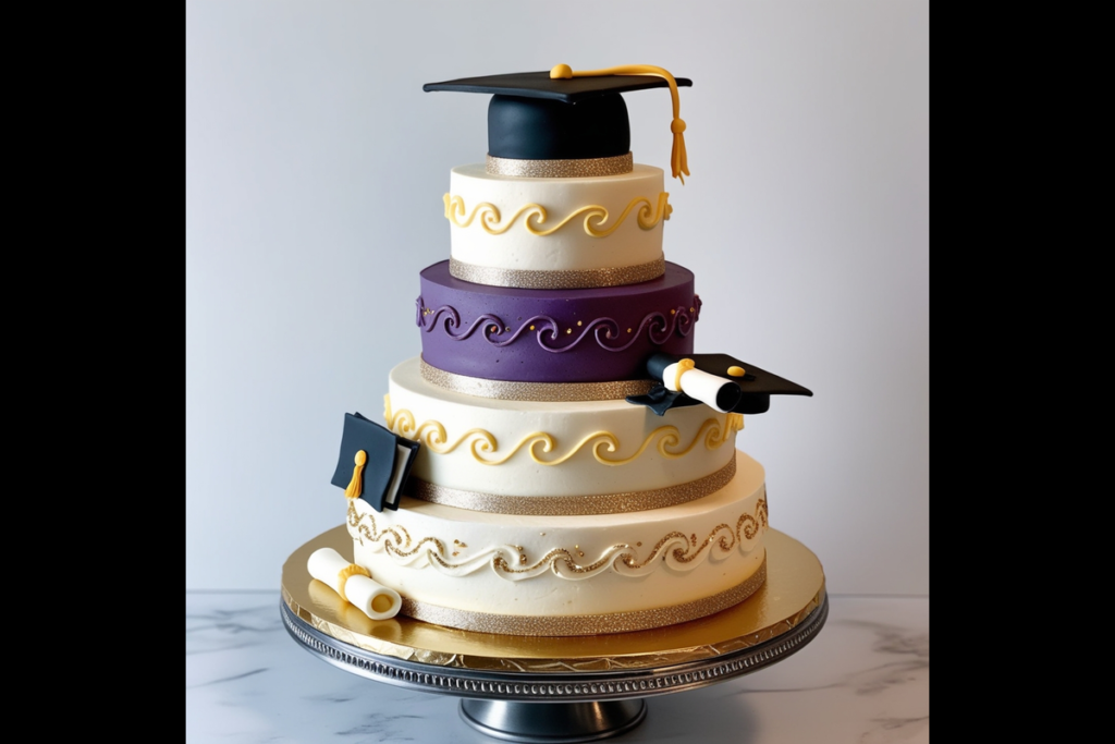 A multi-tiered graduation cake with purple and white layers, decorated with gold accents, fondant caps, and diplomas.