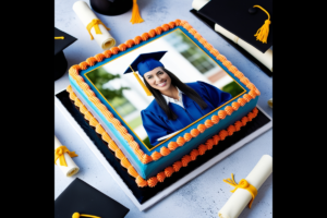 A rectangular graduation cake with a photo of a graduate in a blue gown, bordered by orange frosting