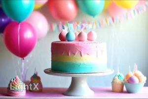 Pastel cotton candy cake with edible glitter and carnival decorations.