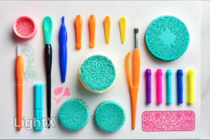 A cake decorator using a cake pen to create floral designs on a fondant cake.