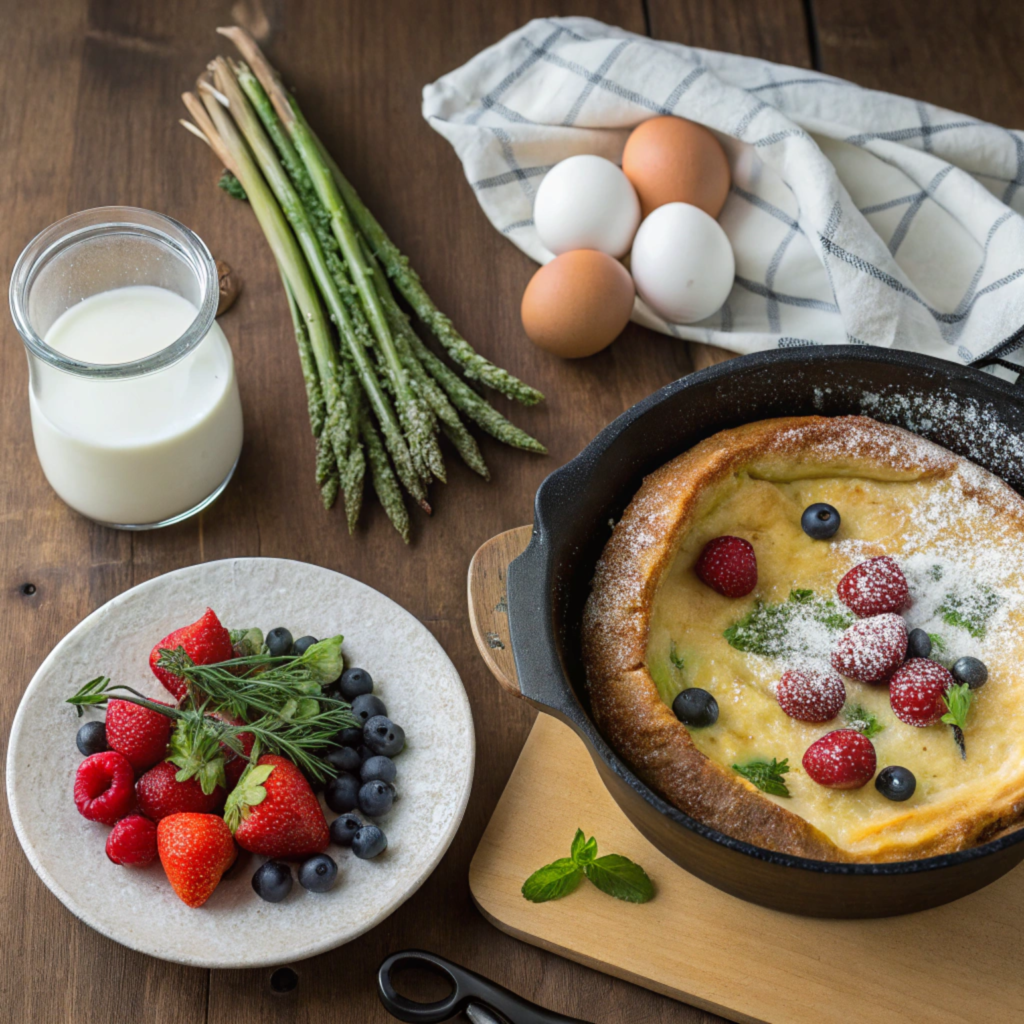 A beautifully cooked sourdough Dutch baby pancake in a cast iron skillet, topped with fresh berries and powdered sugar.