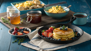 A breakfast spread featuring a skillet of pancakes with fresh berries, scrambled eggs, honey, jam, and coffee on a rustic blue table.