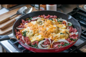 Skillet of corned beef and egg scramble with vegetables.