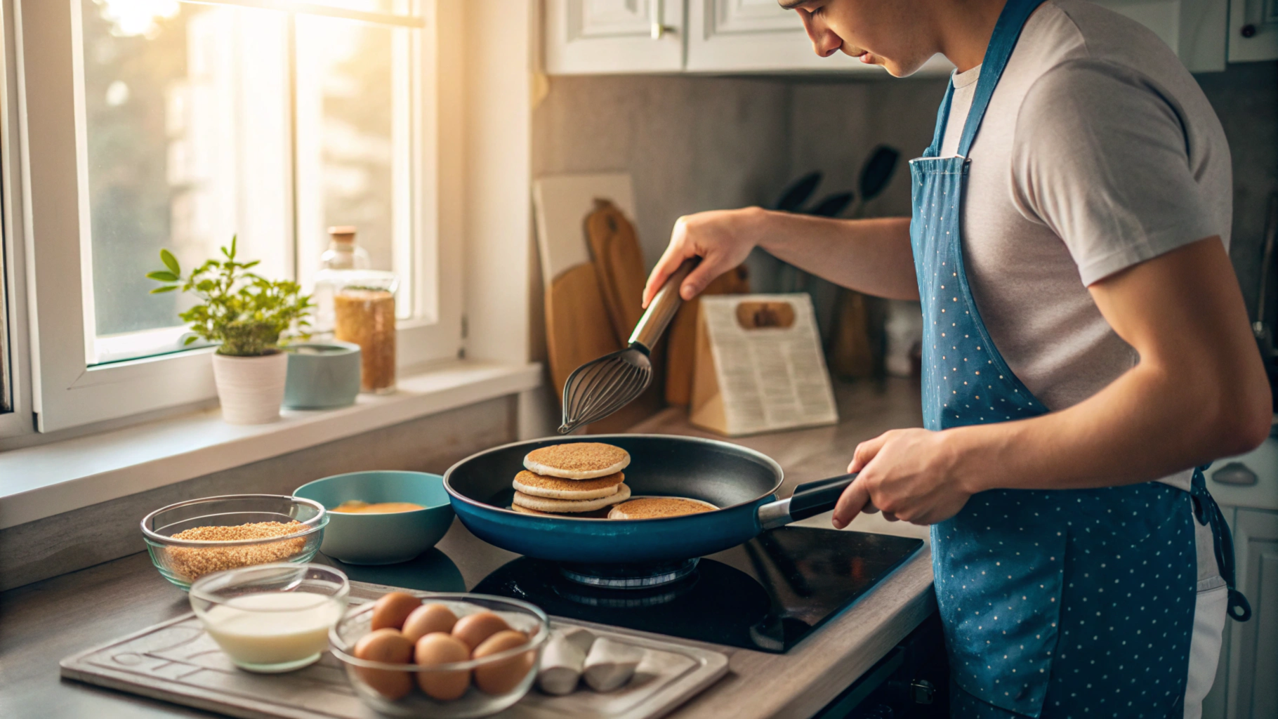 A home cook flipping pancakes in a skillet, with eggs and fresh ingredients arranged on a countertop under warm natural light.