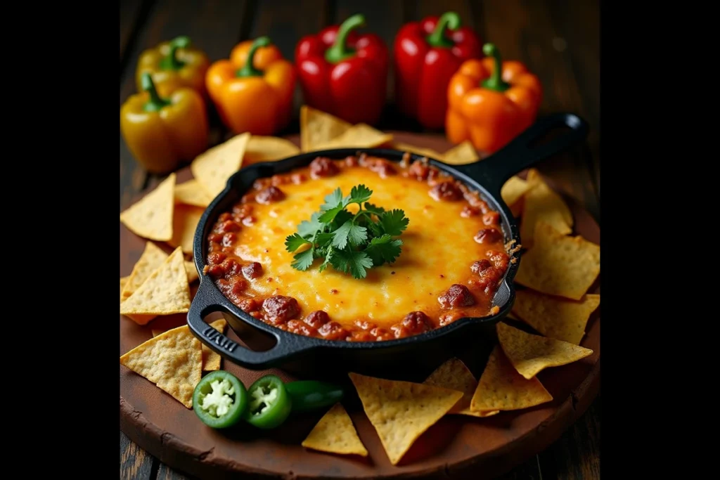 Smoked queso dip with chips and peppers in a cast iron skillet.