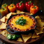 Smoked queso dip with chips and peppers in a cast iron skillet.