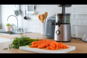 Chopped carrots on a cutting board with a juicer in the background.