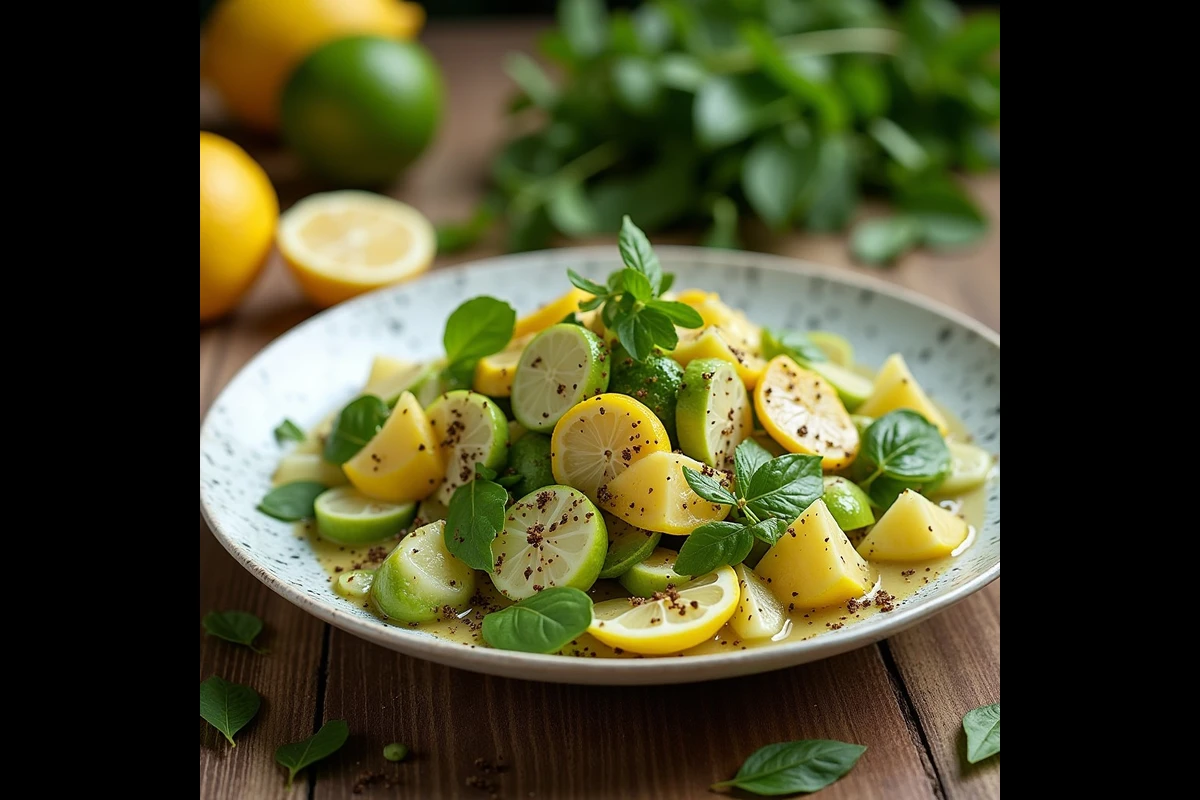 A vibrant hearts of palm salad with citrus dressing and fresh ingredients on a rustic table.