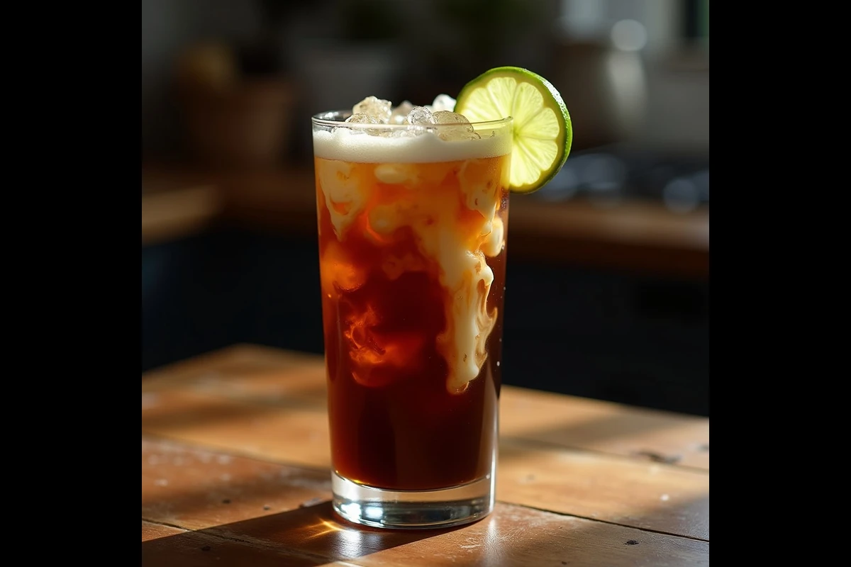 A refreshing glass of dirty soda with cream and a lime garnish