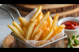 Crispy air-fried French fries in a basket with ketchup