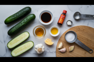 Ingredients for Din Tai Fung cucumber salad on a marble countertop.