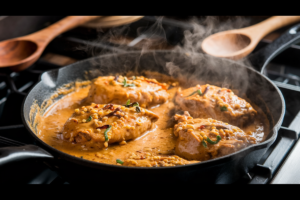 Peanut butter chicken cooking in a skillet