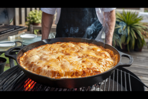 Smoking queso in a cast iron skillet inside a smoker.