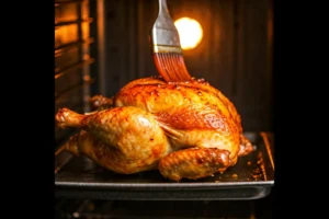 Cinnamon Queen chicken being basted in an oven with a golden glaze.