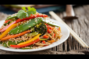 Vegetable stir fry noodles served on a rustic wooden table, garnished with sesame seeds and fresh cilantro.