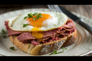 Sourdough toast with corned beef, egg, and parsley