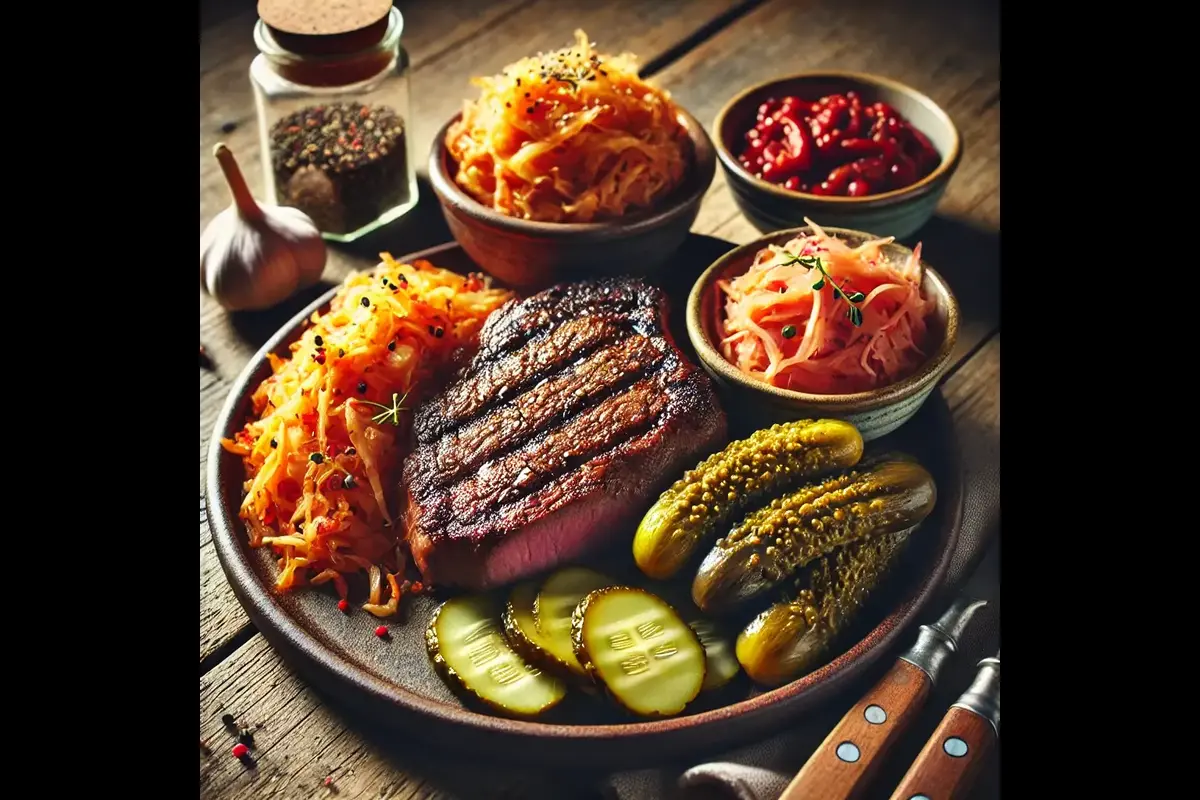 Plate of sauerkraut, kimchi, pickles, and steak on a wooden table.