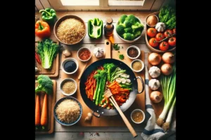 Ingredients for Southeast Asian brown rice with vegetables arranged on a kitchen counter