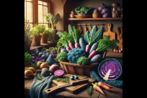 Freshly harvested blue vegetables in a rustic kitchen setting.