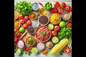 Ingredients for taco soup neatly arranged on a wooden background