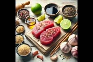 Ingredients for seared ahi tuna recipe, including sushi-grade tuna, sesame seeds, and soy sauce