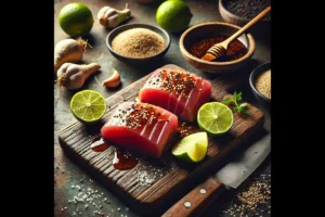 Preparing raw ahi tuna steaks with marinade