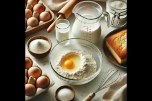 Baking ingredients for kefir sheet cake on a kitchen counter