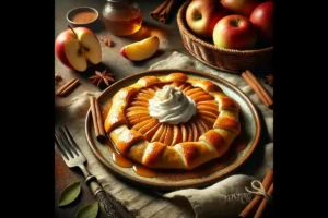 A caramelized apple galette with whipped cream on a rustic plate