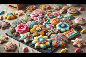 An assortment of creatively decorated cookies with bright royal icing designs.