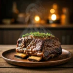 Braised beef short ribs with thyme garnish served on a rustic plate.