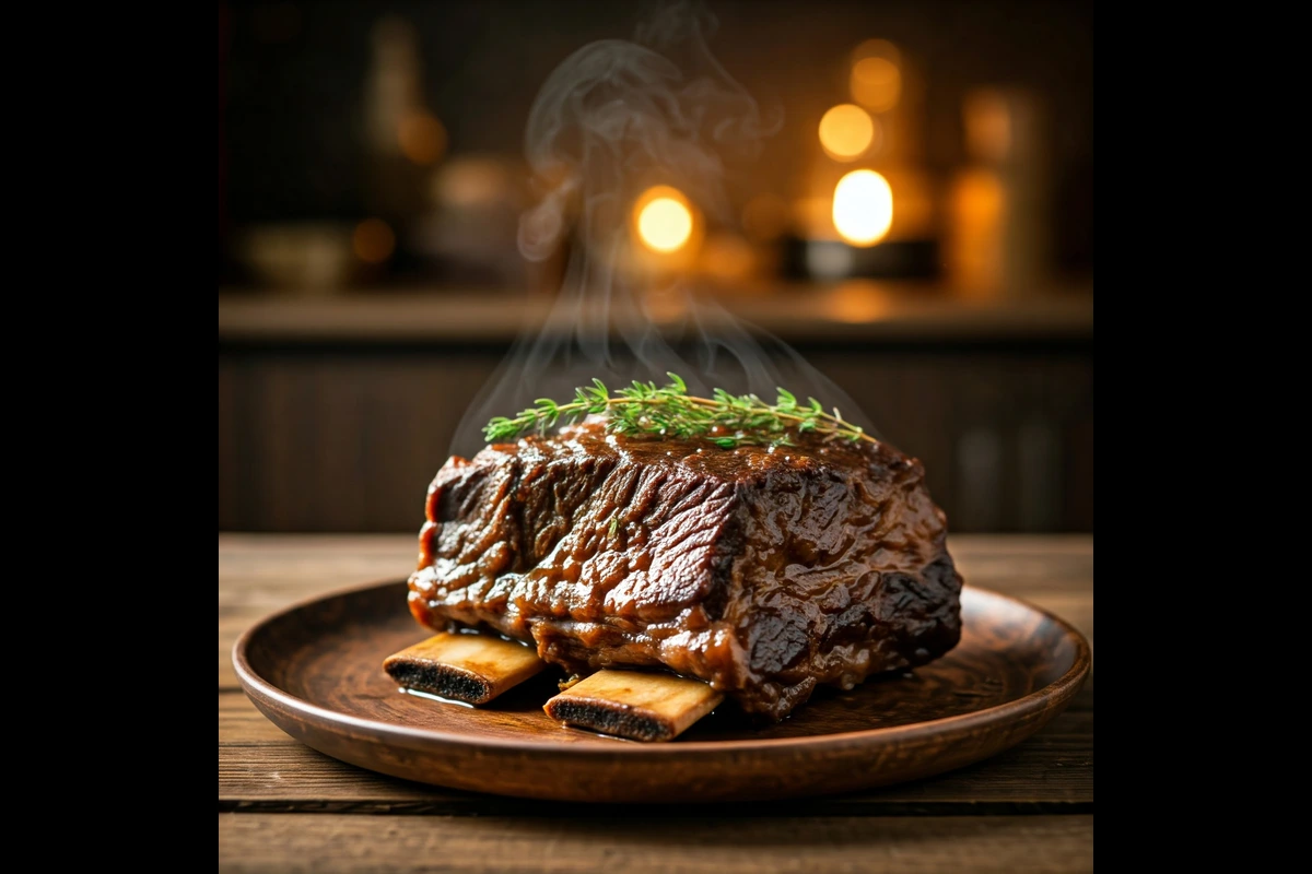 Braised beef short ribs with thyme garnish served on a rustic plate.