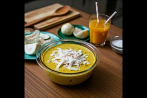 Coconut curry and sliced white guavas on a kitchen countertop