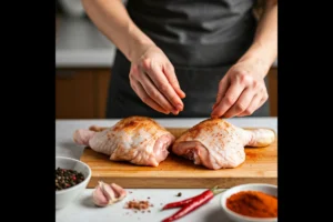 Hands seasoning raw chicken thighs with salt and spices on a cutting board