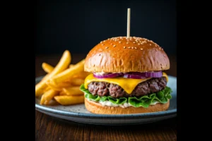 Gourmet burger made with Broad St Butcher ground beef and served with fries