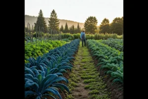 A serene garden with rows of blue vegetables