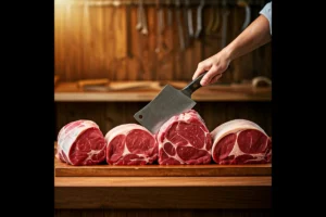 A butcher preparing fresh cuts of beef from a whole cow