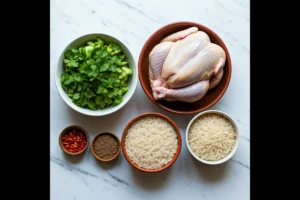 Ingredients for spicy chicken soup with rice on a marble countertop