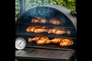 Chicken thighs and legs smoking on a grill with visible smoke rising