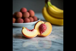 A white peach being sliced with fresh lychees and bananas nearby