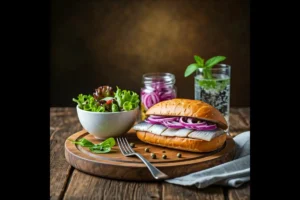 Matjesbrötchen served with salad and pickles on a wooden platter