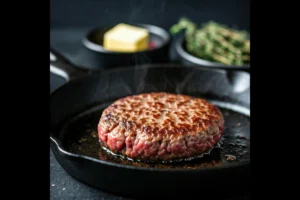 Lean beef patty cooking on a cast-iron skillet