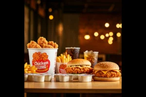 Chicken King menu items, including a bucket of crispy chicken