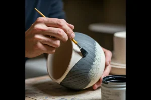 Applying black stain to ceramic pottery