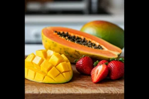 Fresh tropical fruits like mangoes and strawberries sliced on a cutting board