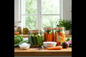 Jars of fermenting vegetables on a kitchen counter with fresh ingredients.