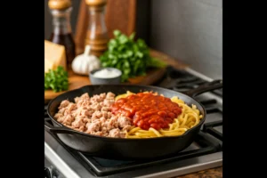 Cooking ground chicken and pasta in a skillet with tomato sauce and fresh ingredients nearby